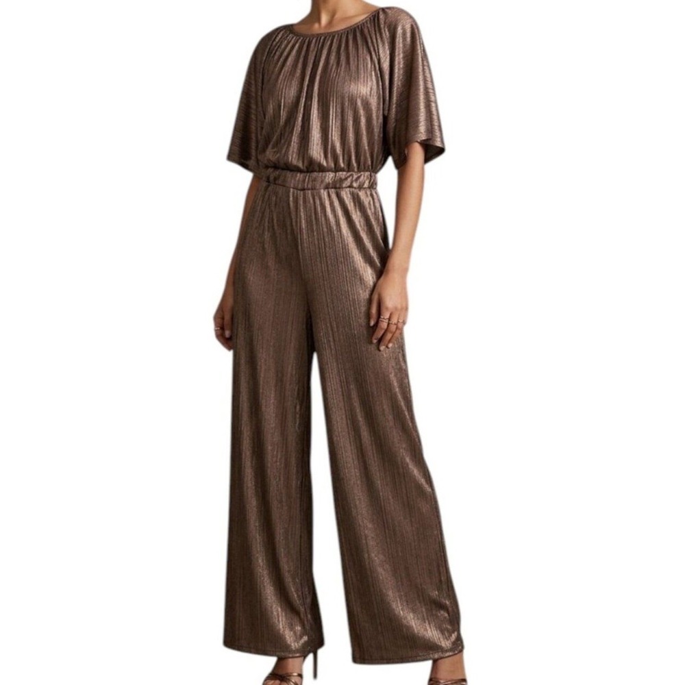 Diosa Metallic Bronze Plissé Jumpsuit Wide Leg Flutter Sleeve Disco Party Boho M